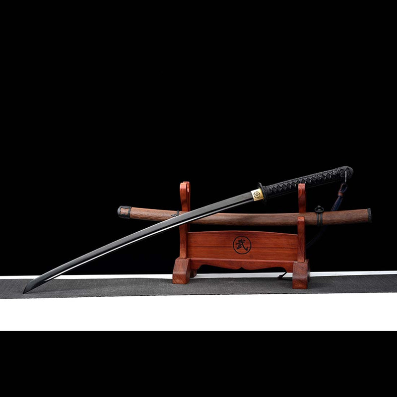 Japanese Gunto 1060 Carbon Steel Black Blade Katana Sword with Bo-hi Rosewood Saya 