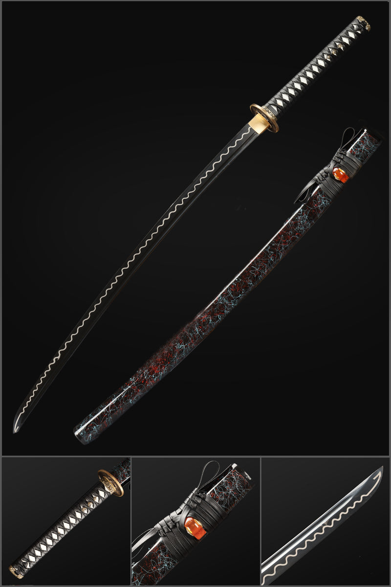 1060 Carbon Steel Black Japanese Samurai Katana Blade with Bo-hi Full Tang Ripple Sword 