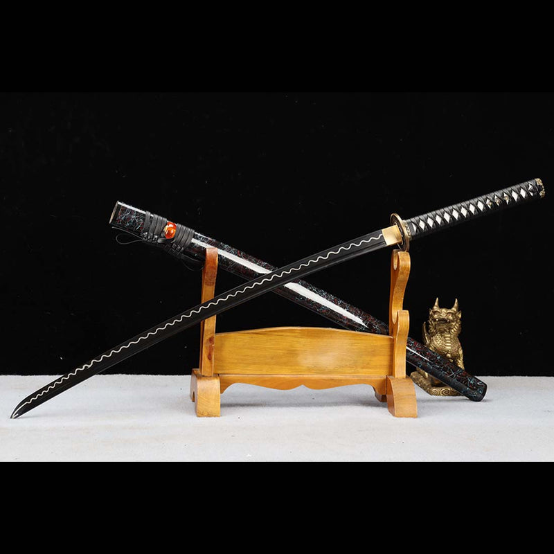 1060 Carbon Steel Black Japanese Samurai Katana Blade with Bo-hi Full Tang Ripple Sword 