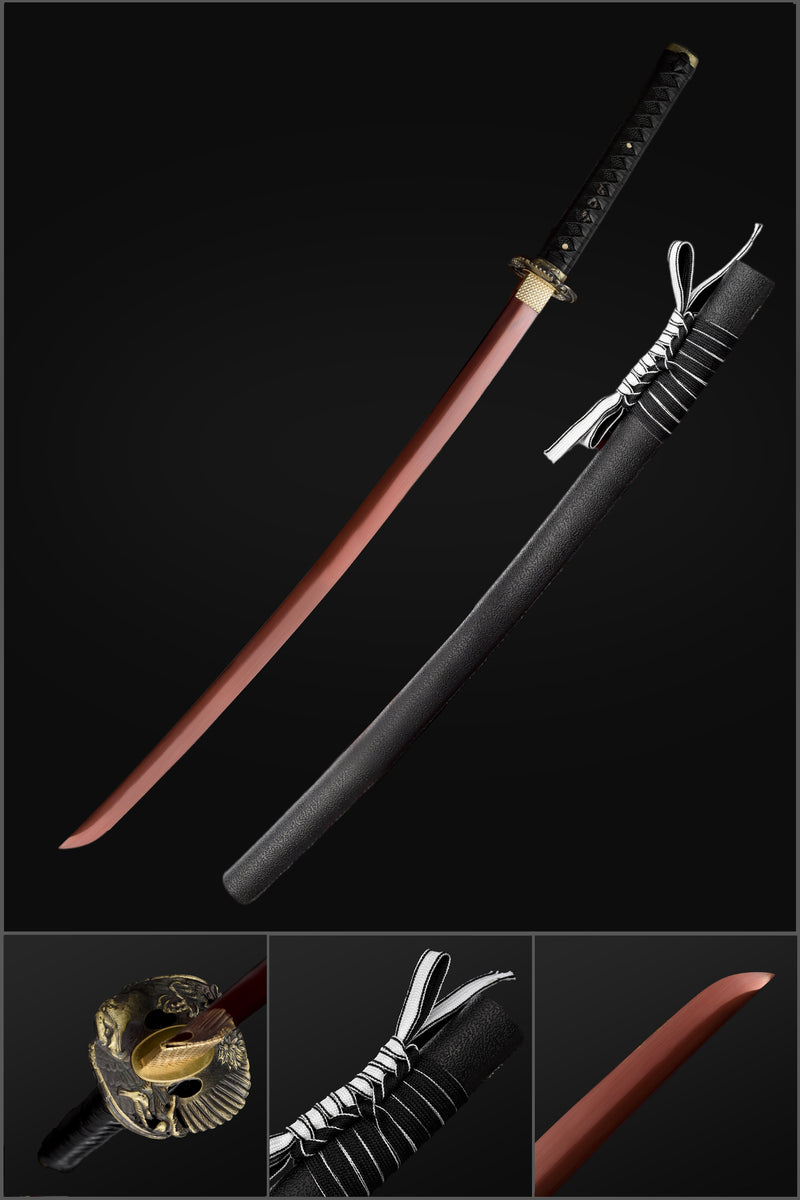9260 Spring Steel Full Tang Red Blade Japanese Samurai Katana with Black Leather Saya 