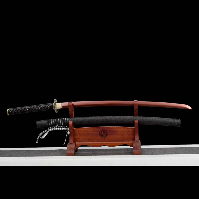 9260 Spring Steel Full Tang Red Blade Japanese Samurai Katana with Black Leather Saya 