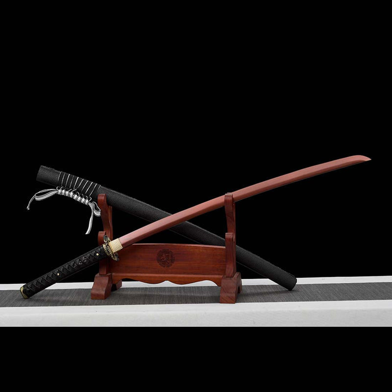 9260 Spring Steel Full Tang Red Blade Japanese Samurai Katana with Black Leather Saya 