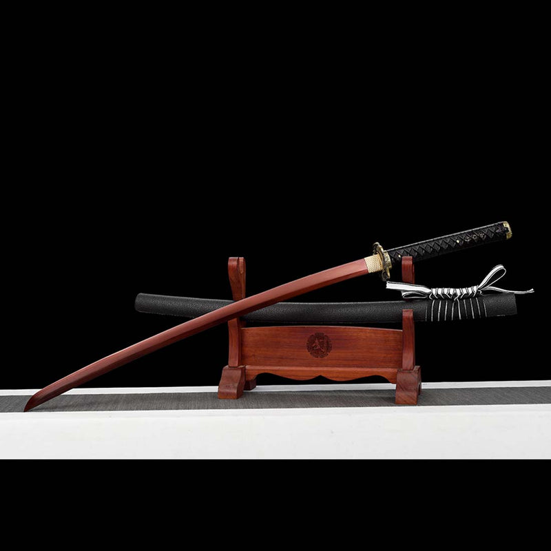 9260 Spring Steel Full Tang Red Blade Japanese Samurai Katana with Black Leather Saya 