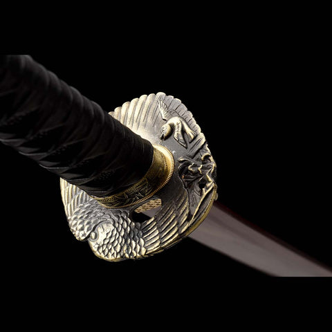 Handmade Japanese Samurai Katana,9260 Spring Steel Full Tang Red Blade Black Leather Saya-COOLKATANA-QQ-0221-U