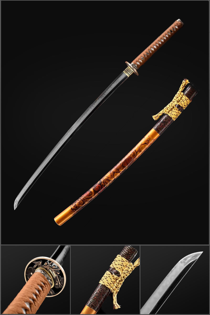 T10 Steel Full Tang Japanese Samurai Katana with Painted Grinding Rattan Saya 