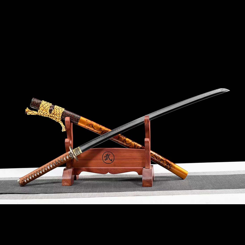 T10 Steel Full Tang Japanese Samurai Katana with Painted Grinding Rattan Saya 