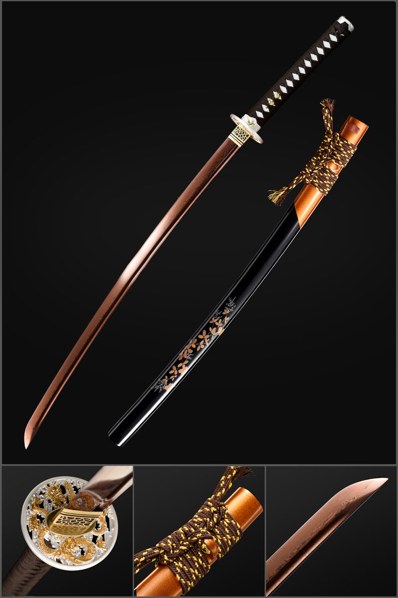 Folded Steel Red Blade Japanese Samurai Katana with Bo-hi Full Tang Dragon Tusba 