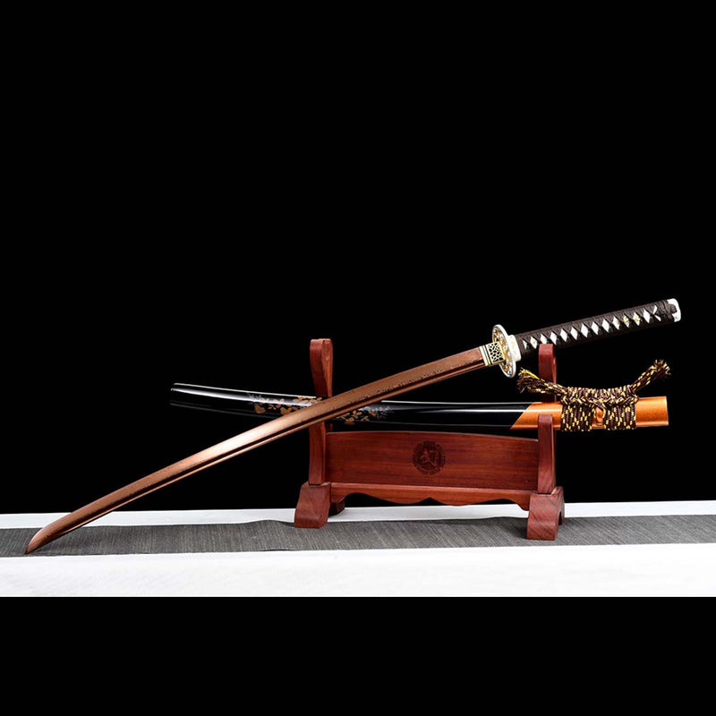 Folded Steel Red Blade Japanese Samurai Katana with Bo-hi Full Tang Dragon Tusba 
