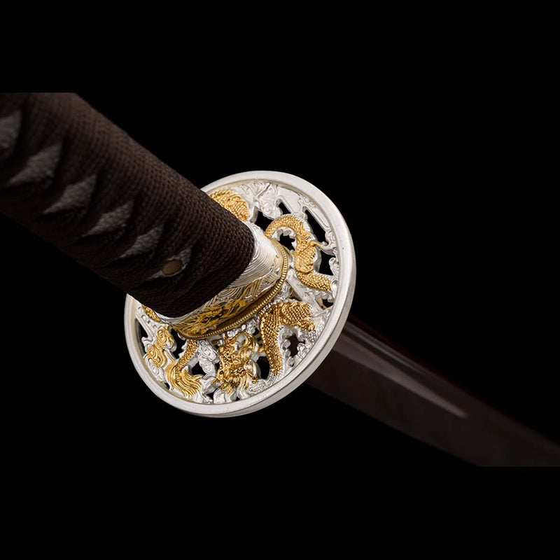 Folded Steel Red Blade Japanese Samurai Katana with Bo-hi Full Tang Dragon Tusba 