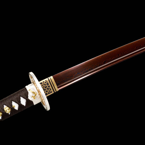 Handmade Japanese Samurai Katana, Folded Steel Red Blade with Bo-hi Full Tang Dragon Tusba-COOLKATANA-QQ-0245-U