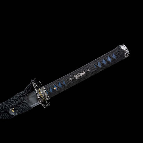 Handmade Japanese Samurai Katana, Dragon Sword Blue Blade with Bo-hi 1060 Carbon Steel Clay Tempered Dragon Pattern Fitting-COOLKATANA-QQ-0227-U