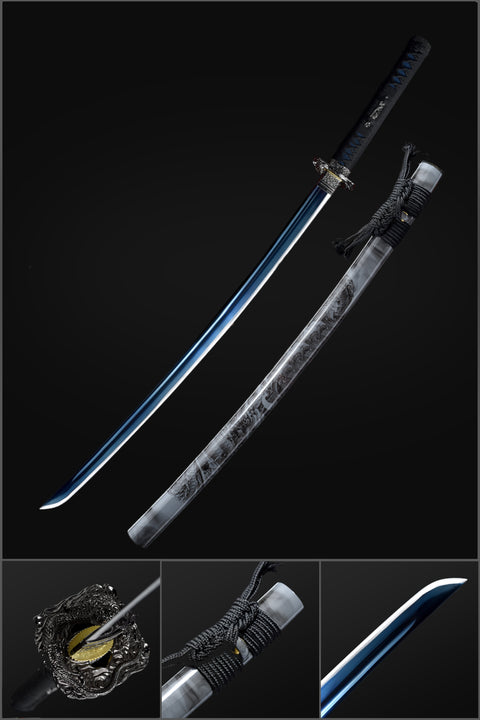 Handmade Japanese Samurai Katana, Dragon Sword Blue Blade with Bo-hi 1060 Carbon Steel Clay Tempered Dragon Pattern Fitting-COOLKATANA-QQ-0227-U