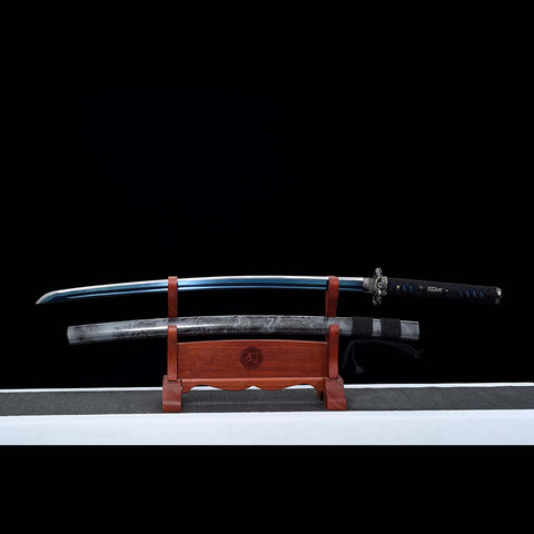 Handmade Japanese Samurai Katana, Dragon Sword Blue Blade with Bo-hi 1060 Carbon Steel Clay Tempered Dragon Pattern Fitting-COOLKATANA-QQ-0227-U