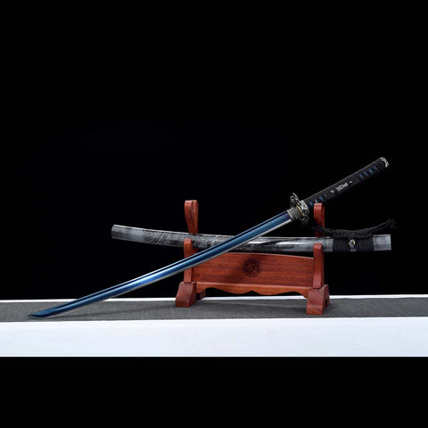 Handmade Japanese Samurai Katana, Dragon Sword Blue Blade with Bo-hi 1060 Carbon Steel Clay Tempered Dragon Pattern Fitting-COOLKATANA-QQ-0227-U