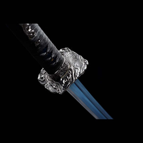 Handmade Japanese Samurai Katana, Dragon Sword Blue Blade with Bo-hi 1060 Carbon Steel Clay Tempered Dragon Pattern Fitting-COOLKATANA-QQ-0227-U