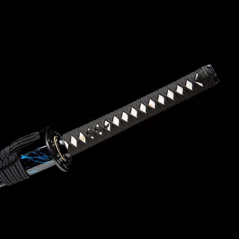 Japanisches Samurai-Katana aus Manganstahl mit blauer Klinge und blau-orangefarbener Saya 