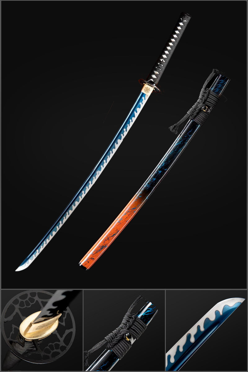 Japanisches Samurai-Katana aus Manganstahl mit blauer Klinge und blau-orangefarbener Saya 