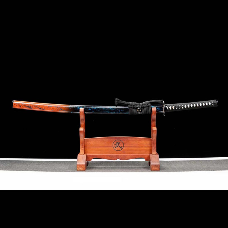 Japanisches Samurai-Katana aus Manganstahl mit blauer Klinge und blau-orangefarbener Saya 