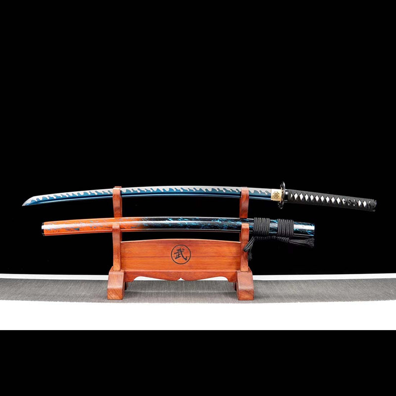 Japanisches Samurai-Katana aus Manganstahl mit blauer Klinge und blau-orangefarbener Saya 