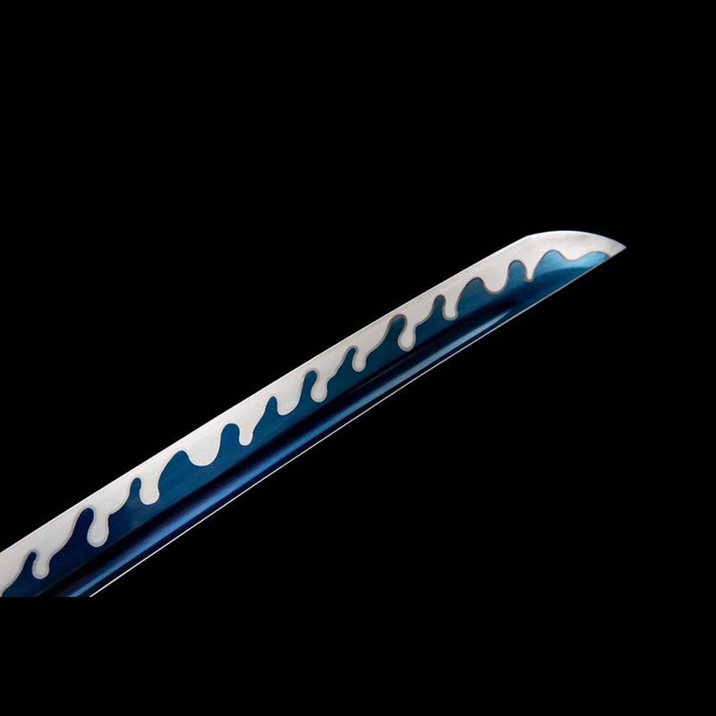 Japanisches Samurai-Katana aus Manganstahl mit blauer Klinge und blau-orangefarbener Saya 
