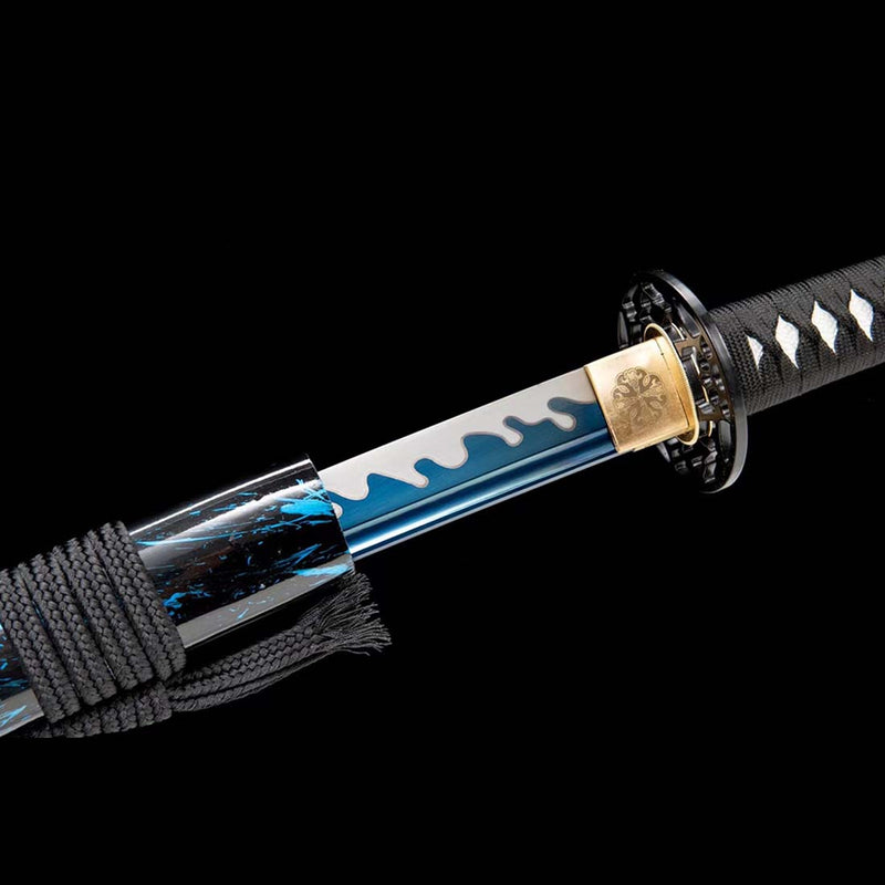 Japanisches Samurai-Katana aus Manganstahl mit blauer Klinge und blau-orangefarbener Saya 