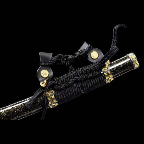 Handmade Japanese Tachi Sword, High Manganese Steel Fire Pattern Blade Full Tang Black Saya-COOLKATANA-QQ-0249-U