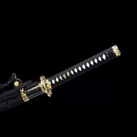Handmade Japanese Tachi Sword, High Manganese Steel Fire Pattern Blade Full Tang Black Saya-COOLKATANA-QQ-0249-U
