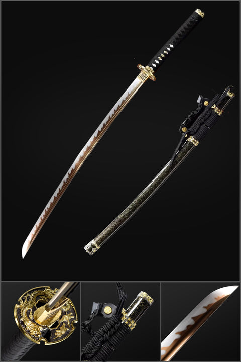 Handmade Japanese Tachi Sword, High Manganese Steel Fire Pattern Blade Full Tang Black Saya-COOLKATANA-QQ-0249-U