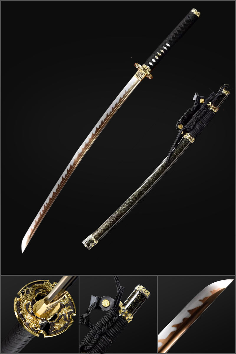 High Manganese Steel Tachi Sword – Fire Pattern Blade, Black Saya 