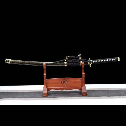 Handmade Japanese Tachi Sword, High Manganese Steel Fire Pattern Blade Full Tang Black Saya-COOLKATANA-QQ-0249-U