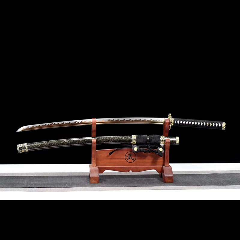 High Manganese Steel Tachi Sword – Fire Pattern Blade, Black Saya 