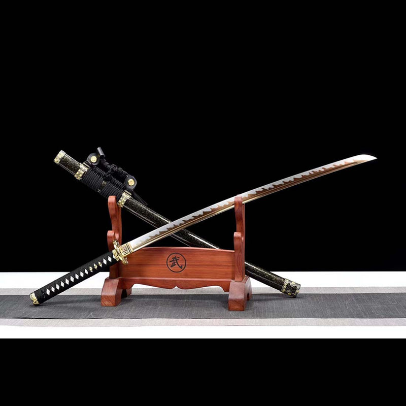 High Manganese Steel Tachi Sword – Fire Pattern Blade, Black Saya 