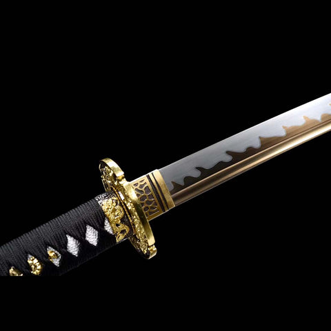 Handmade Japanese Tachi Sword, High Manganese Steel Fire Pattern Blade Full Tang Black Saya-COOLKATANA-QQ-0249-U