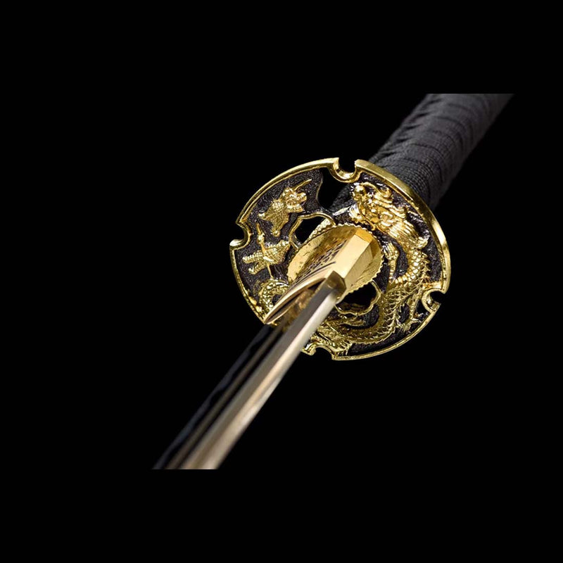 High Manganese Steel Tachi Sword – Fire Pattern Blade, Black Saya 