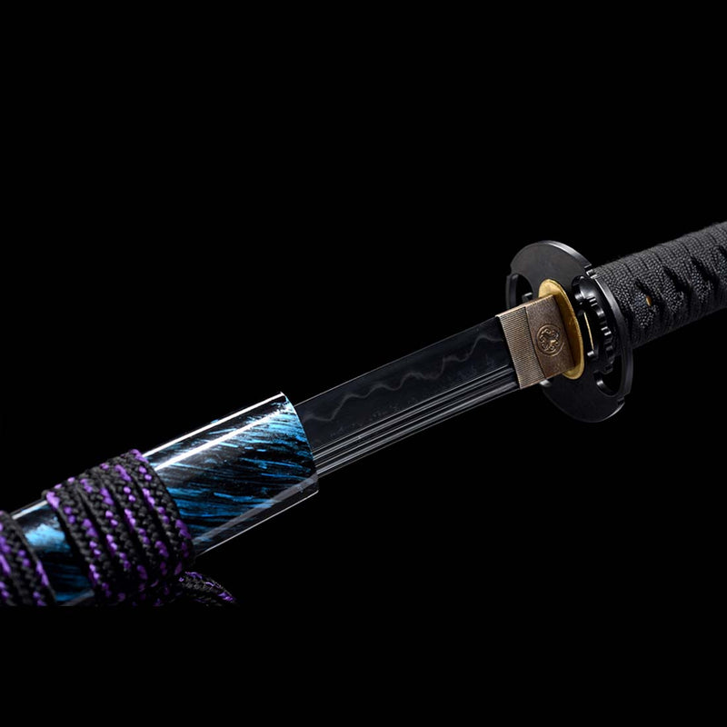 T10 Steel Black Blade Japanese Samurai Katana with Double Narrow Bo-hi Purple Saya 