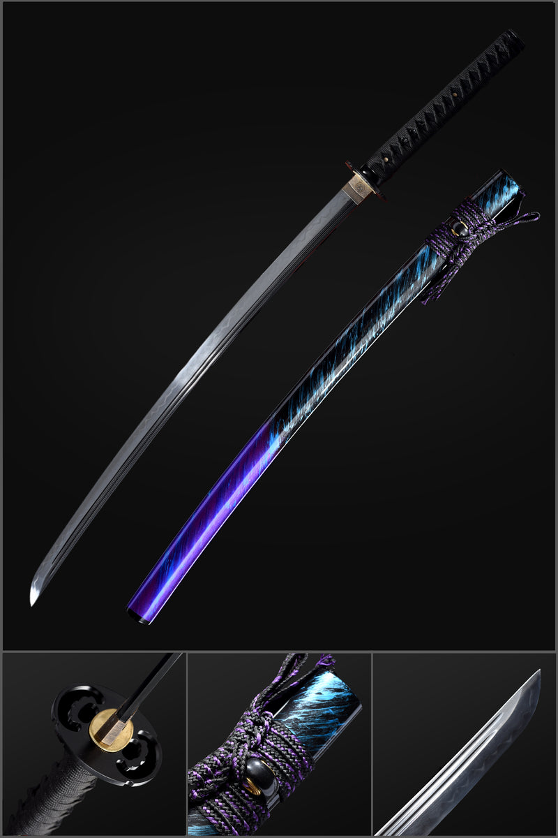 T10 Steel Black Blade Japanese Samurai Katana with Double Narrow Bo-hi Purple Saya 
