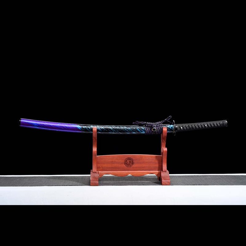 T10 Steel Black Blade Japanese Samurai Katana with Double Narrow Bo-hi Purple Saya 