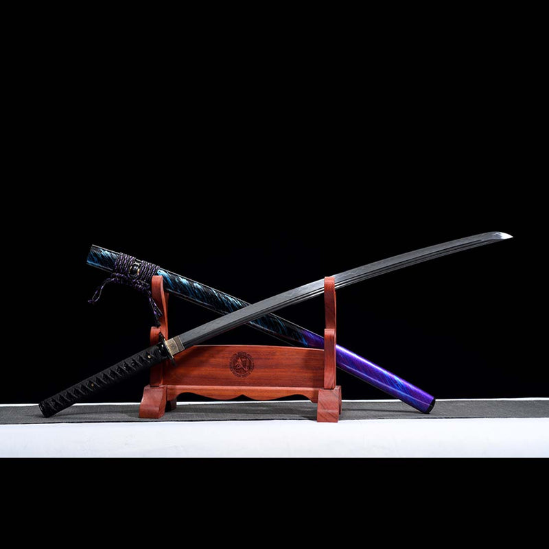 T10 Steel Black Blade Japanese Samurai Katana with Double Narrow Bo-hi Purple Saya 