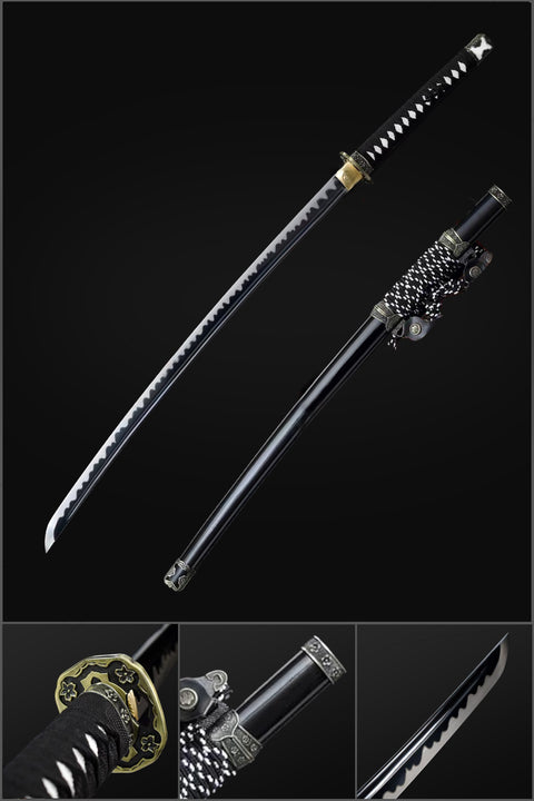 Handmade Japanese Tachi Katana, High Manganese Steel Full Tang with Grinding Hamon Black Saya-COOLKATANA-QQ-0218-U