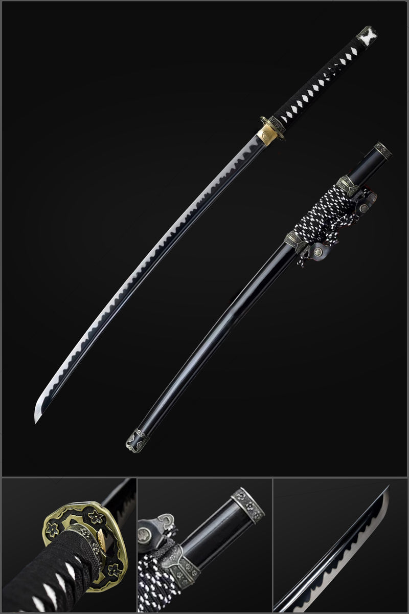 ดาบคาตานะญี่ปุ่น Tachi เหล็กกล้าแมงกานีสสูงแบบ Full Tang พร้อมใบมีด Hamon สีดำแบบ Grinding 
