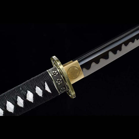 Handmade Japanese Tachi Katana, High Manganese Steel Full Tang with Grinding Hamon Black Saya-COOLKATANA-QQ-0218-U