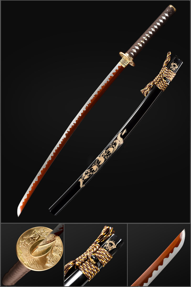 Ghost Valley High Manganese Steel Full Tang Blade Japanese Katana Sword with Skeleton Carving Saya 