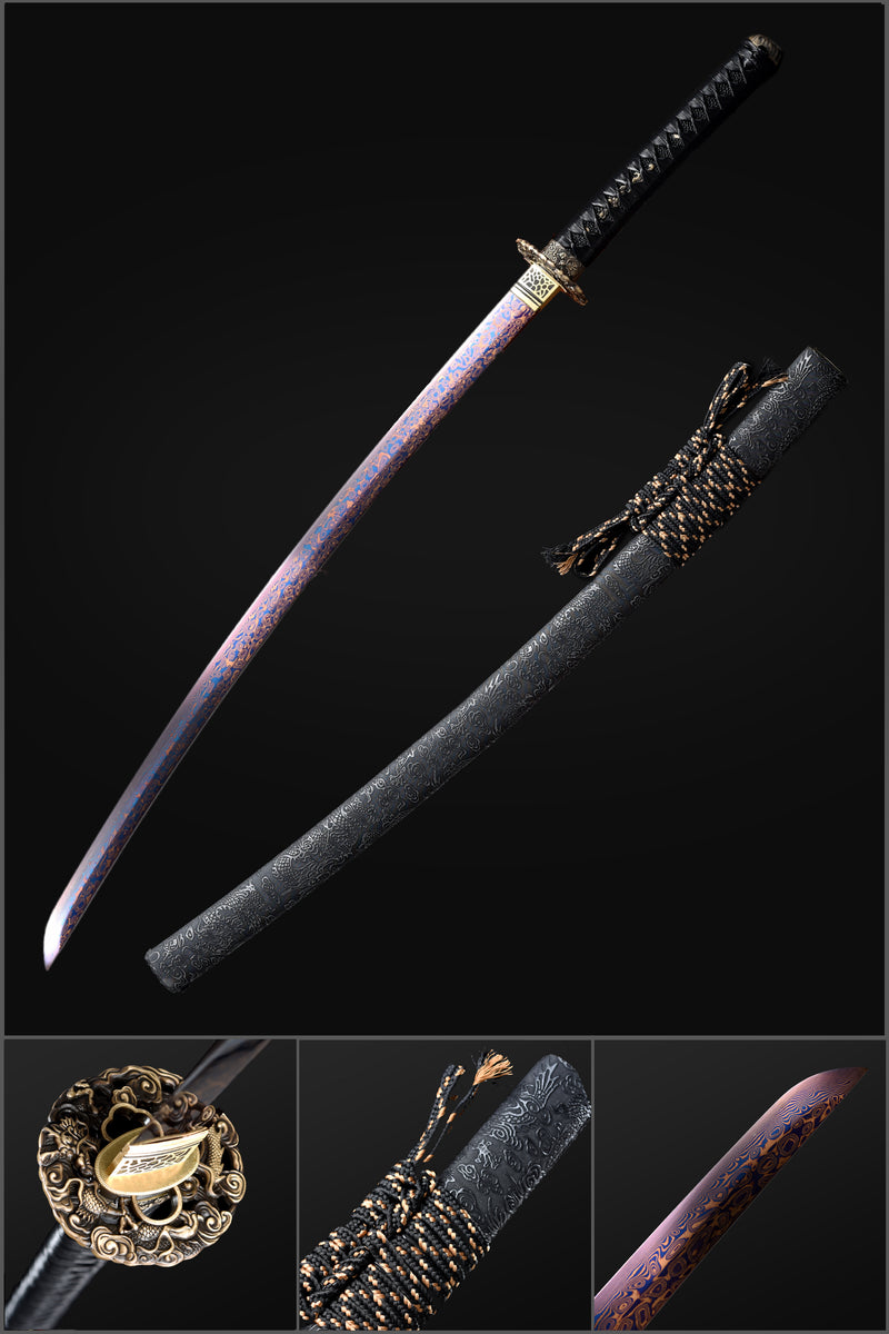 Folded Steel Bluing Craft Dragon Pattern Japanese Samurai Katana with Dragon Scabbard and Fitting 
