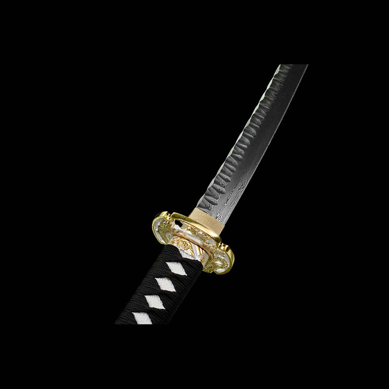 Japanisches Samurai-Katana mit gefalteter Stahlklinge und durchgehendem Erl, Saya mit Drachenmuster und Beschlag 