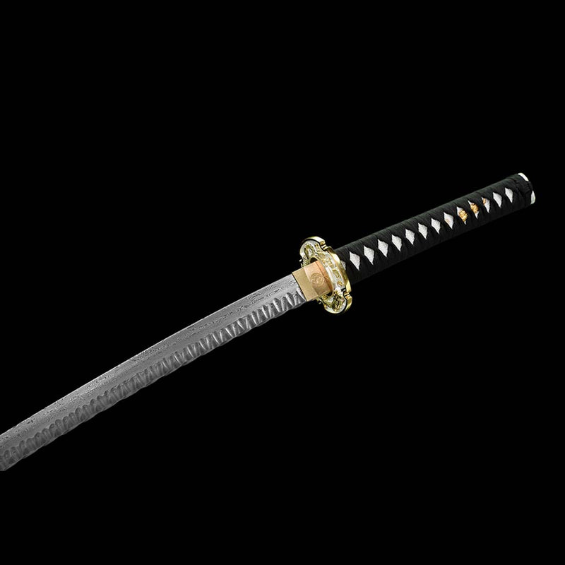 Japanisches Samurai-Katana mit gefalteter Stahlklinge und durchgehendem Erl, Saya mit Drachenmuster und Beschlag 