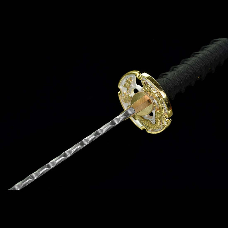 Japanisches Samurai-Katana mit gefalteter Stahlklinge und durchgehendem Erl, Saya mit Drachenmuster und Beschlag 