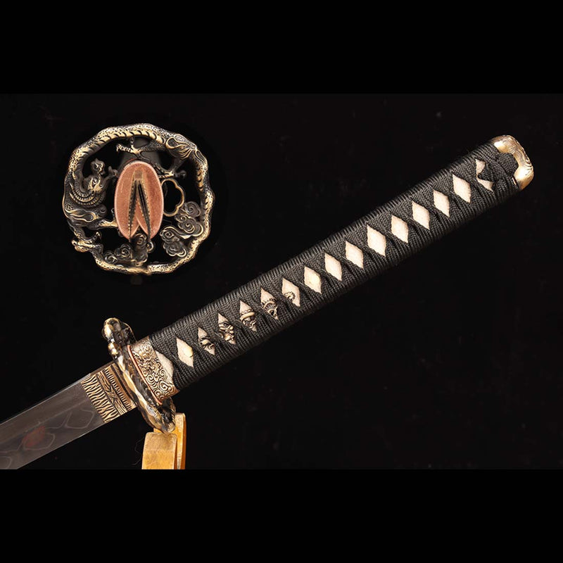 ดาบซามูไรญี่ปุ่นเหล็ก T10 ดาบ Soul Eater พร้อมทัสบะทองเหลือง - COOLKATANA 