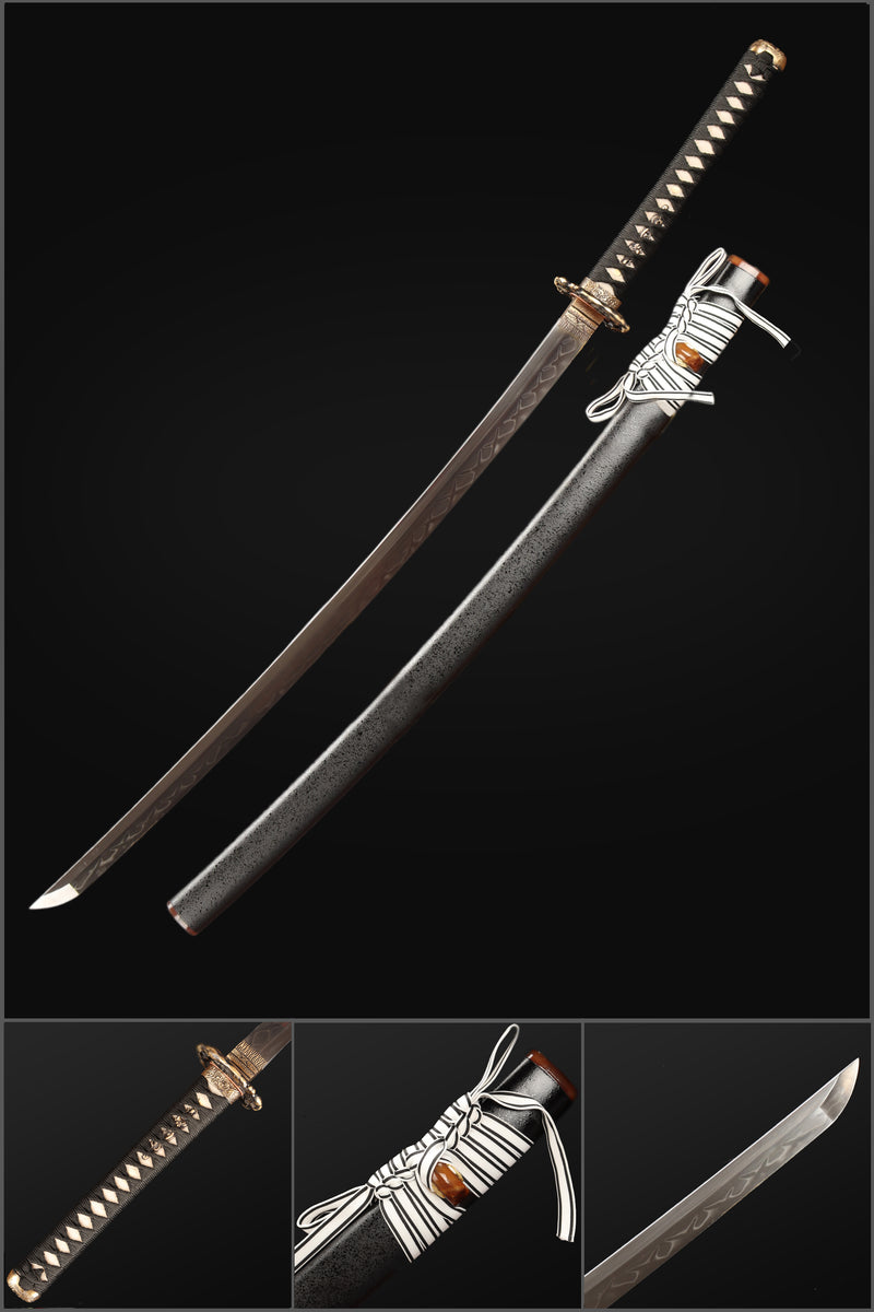 ดาบซามูไรญี่ปุ่นเหล็ก T10 ดาบ Soul Eater พร้อมทัสบะทองเหลือง - COOLKATANA 