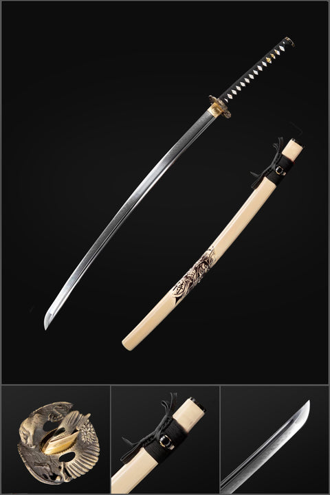 Handmade Japanese Samurai Katana, T10 Steel with Bo-hi Samurai Print Saya Eagle Tsuba-COOLKATANA-QQ-0217-U