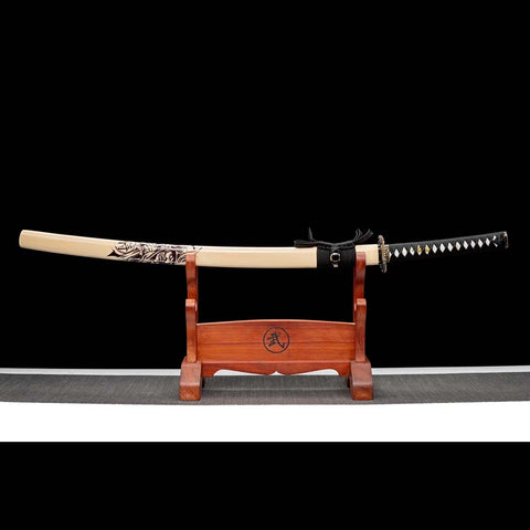 Handmade Japanese Samurai Katana, T10 Steel with Bo-hi Samurai Print Saya Eagle Tsuba-COOLKATANA-QQ-0217-U
